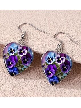 Blue and Purple Floral Flower Heart Silver Toned Dangle Earrings